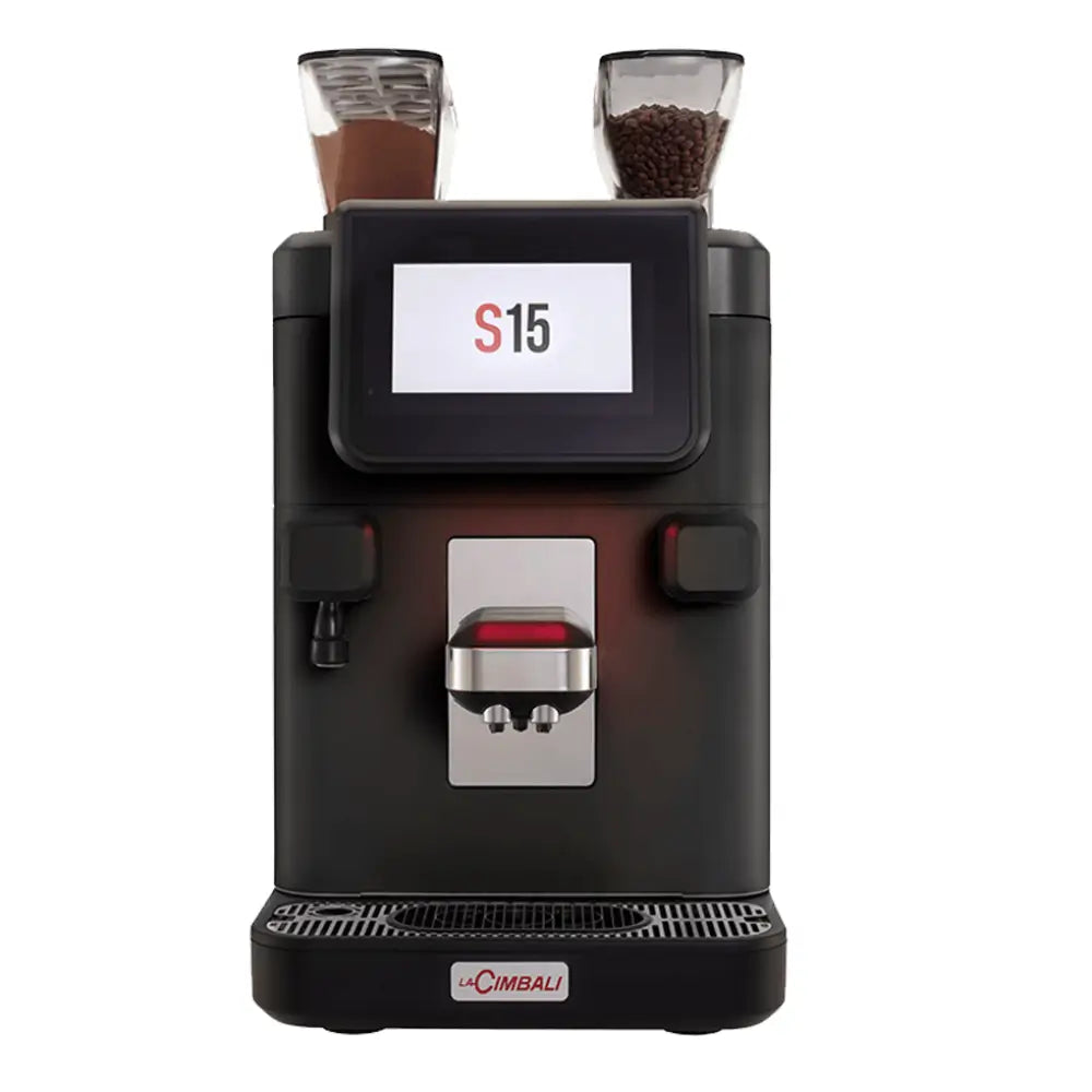 Front view of the La Cimbali S15 fully automatic coffee machine featuring a touchscreen and two ingredient hoppers for coffee and soluble powder.