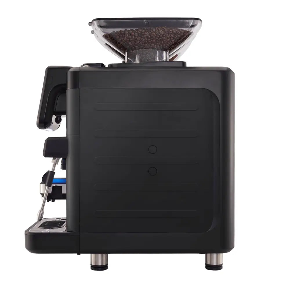 Side profile view of the La Cimbali S15 compact espresso machine showing its sleek black chassis depth.