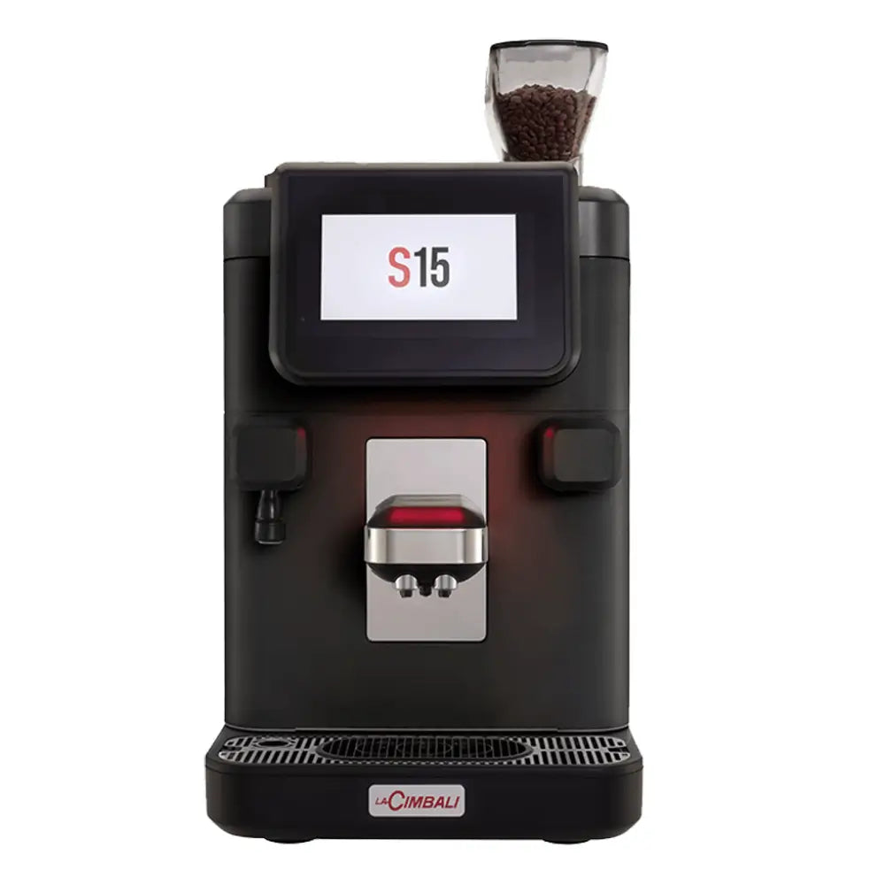 Front view of the La Cimbali S15 fully automatic coffee machine featuring a touchscreen and coffee hopper.