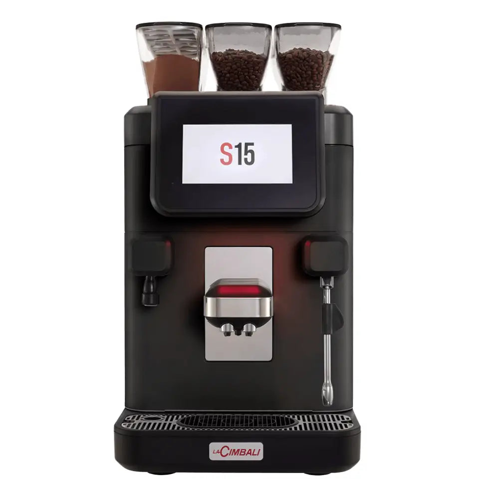 Front view of the La Cimbali S15 fully automatic coffee machine featuring a touchscreen and three ingredient hoppers for coffee and soluble powder.