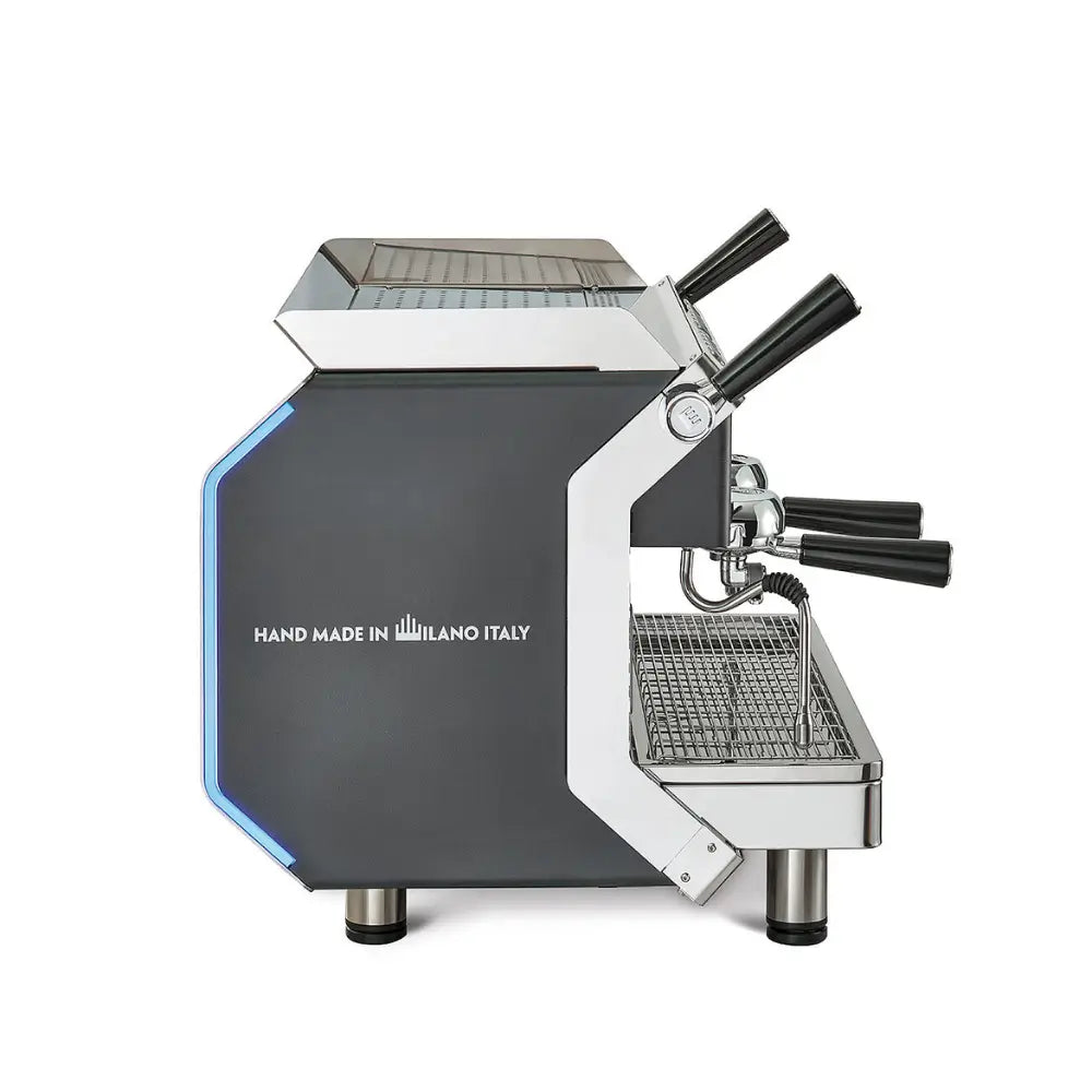 Side view of the La Pavoni Desiderio machine, highlighting the "Hand Made in Milano Italy" inscription.