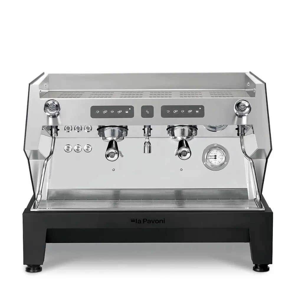  Front view of the two-group La Pavoni BarT Traditional espresso machine.