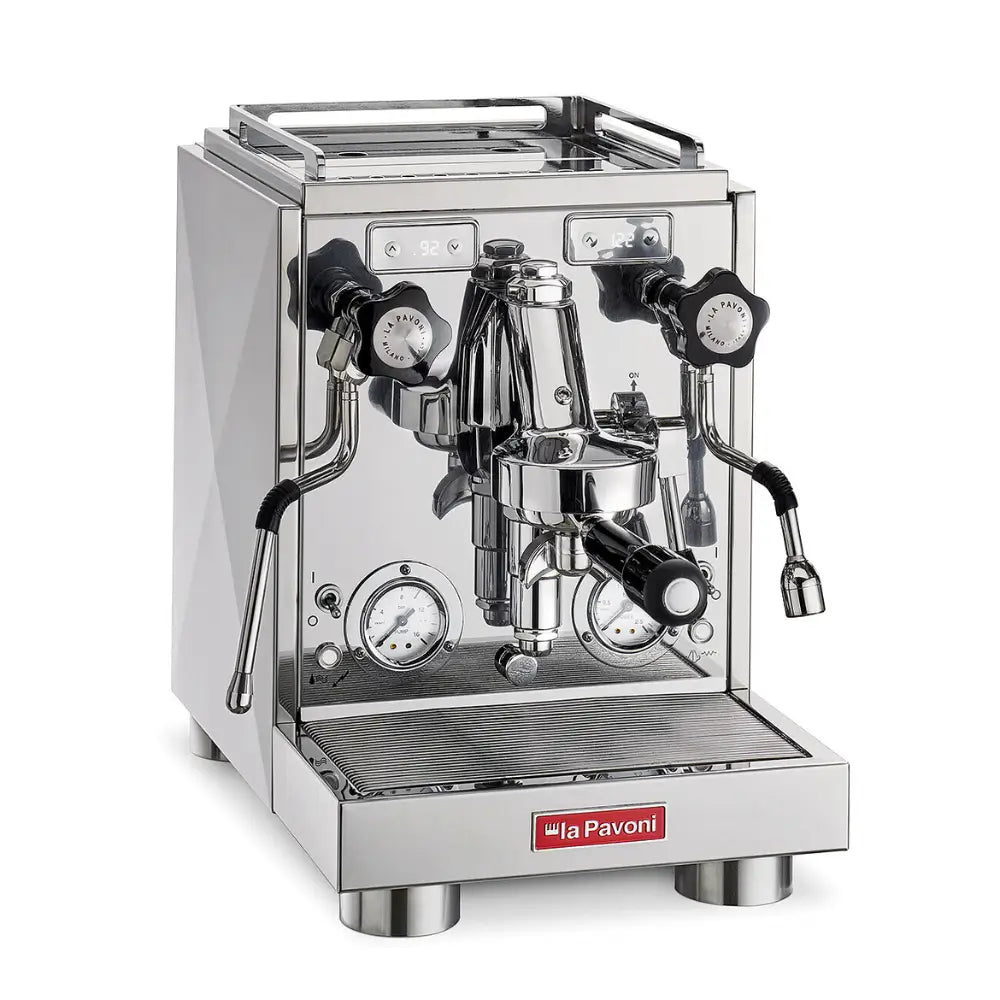Angled product shot of the La Pavoni Botticelli Specialty espresso machine with a polished chrome finish and clear view of its controls.