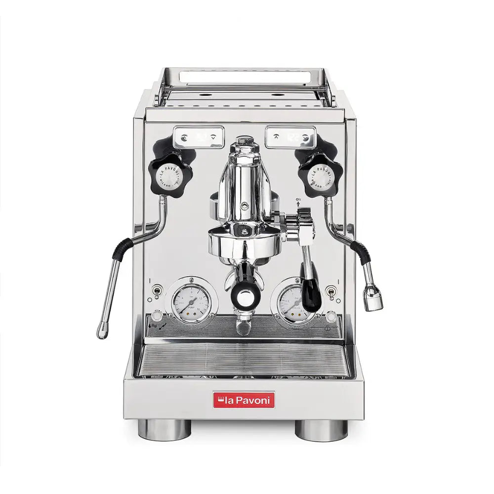 Front view product shot of the La Pavoni Botticelli Specialty espresso machine with a polished chrome finish and clear view of its controls.