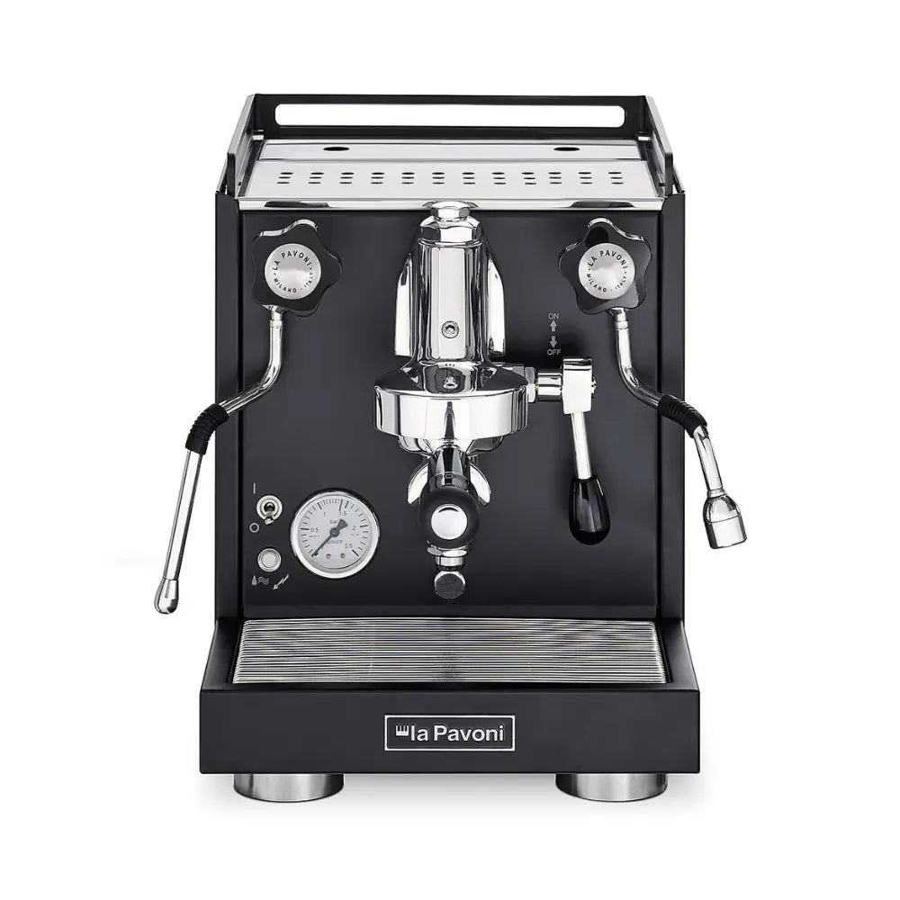 Front view of the La Pavoni Cellini Classic espresso machine in matte black.