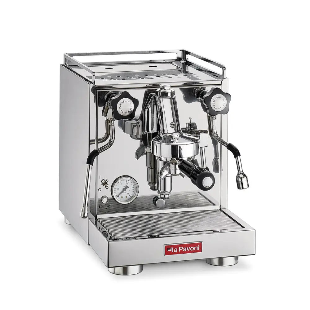 Angled view of the La Pavoni Cellini Classic espresso machine in polished steel.
