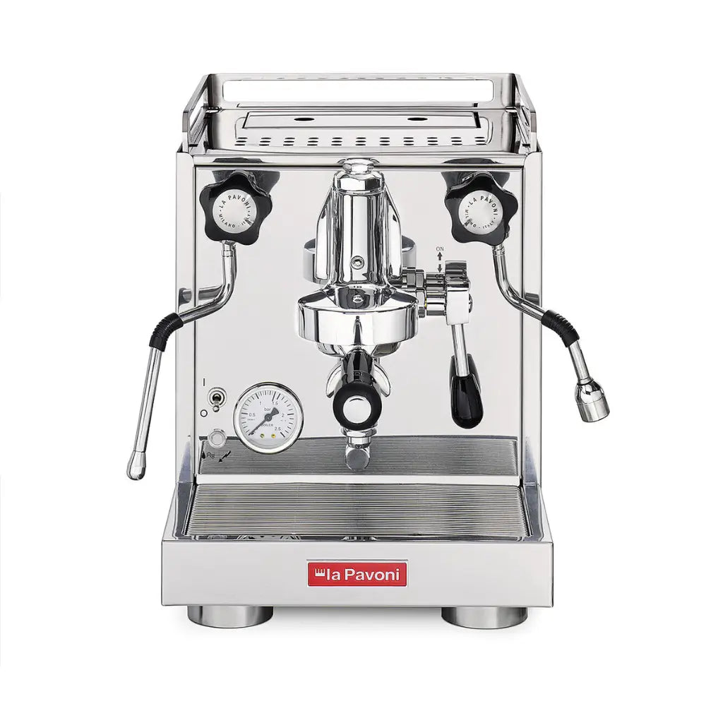 Front view of the La Pavoni Cellini Classic espresso machine in polished steel.