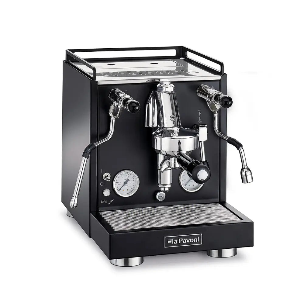 Angled view of the black La Pavoni Cellini Evolution semi-automatic espresso machine.