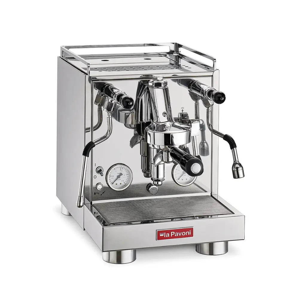 Angled view of the steel La Pavoni Cellini Evolution semi-automatic espresso machine.