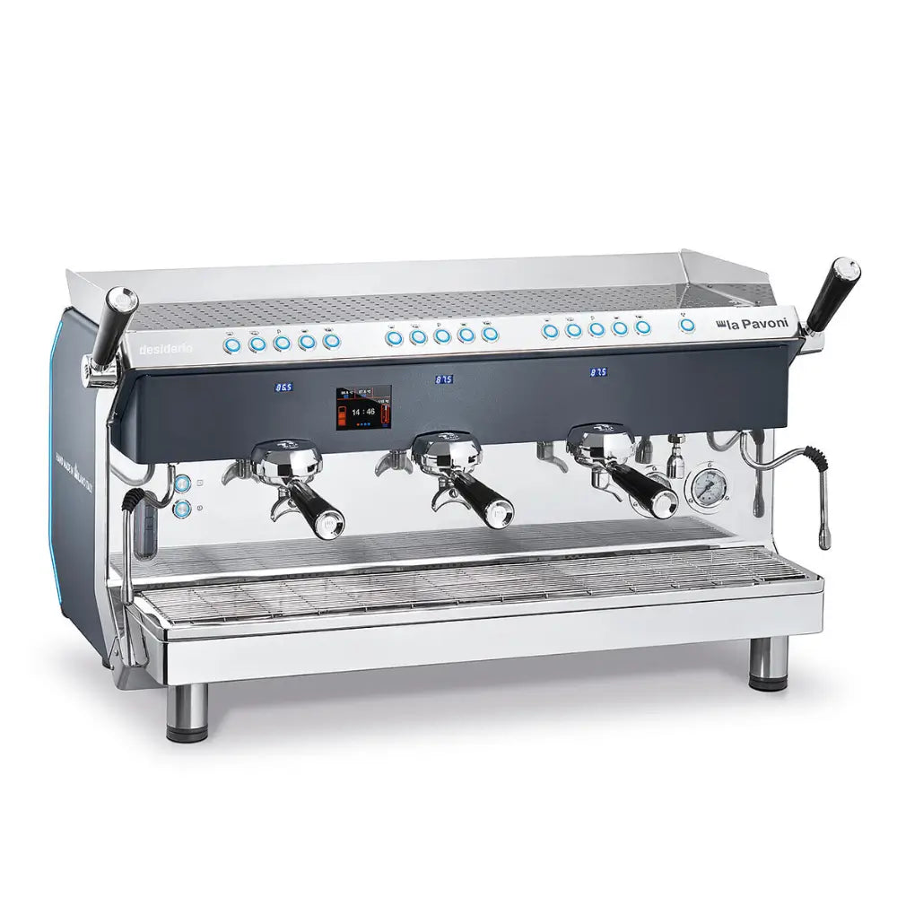 Angled view of the La Pavoni Desiderio 3-group commercial espresso machine.