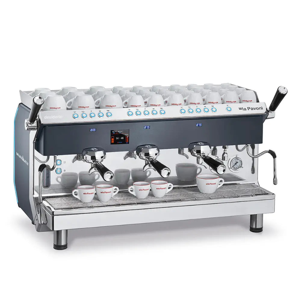 Angled view of the La Pavoni Desiderio 3-group commercial espresso machine.