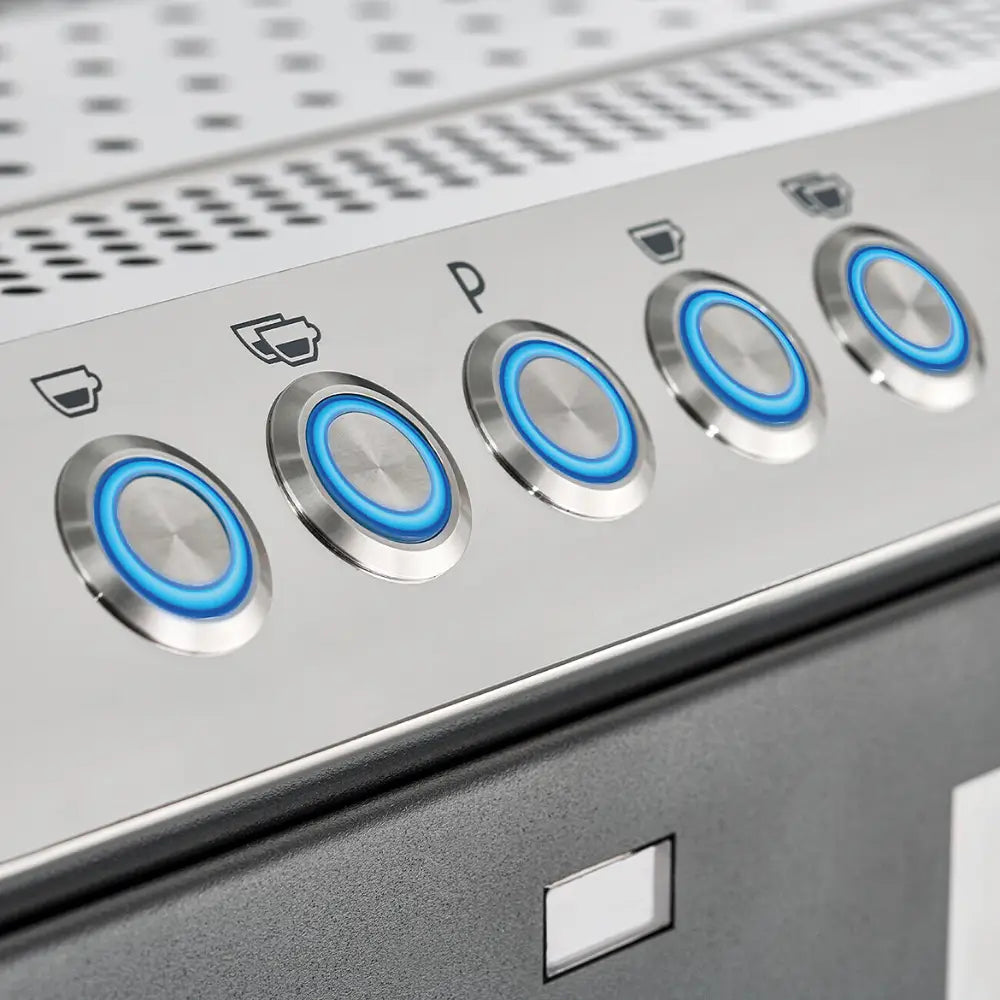 Detailed shot of the backlit, programmable brew buttons on the La Pavoni Desiderio espresso machine.
