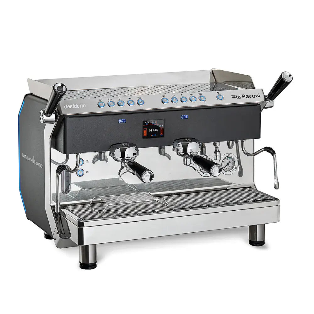 Angled view of the La Pavoni Desiderio professional espresso machine.