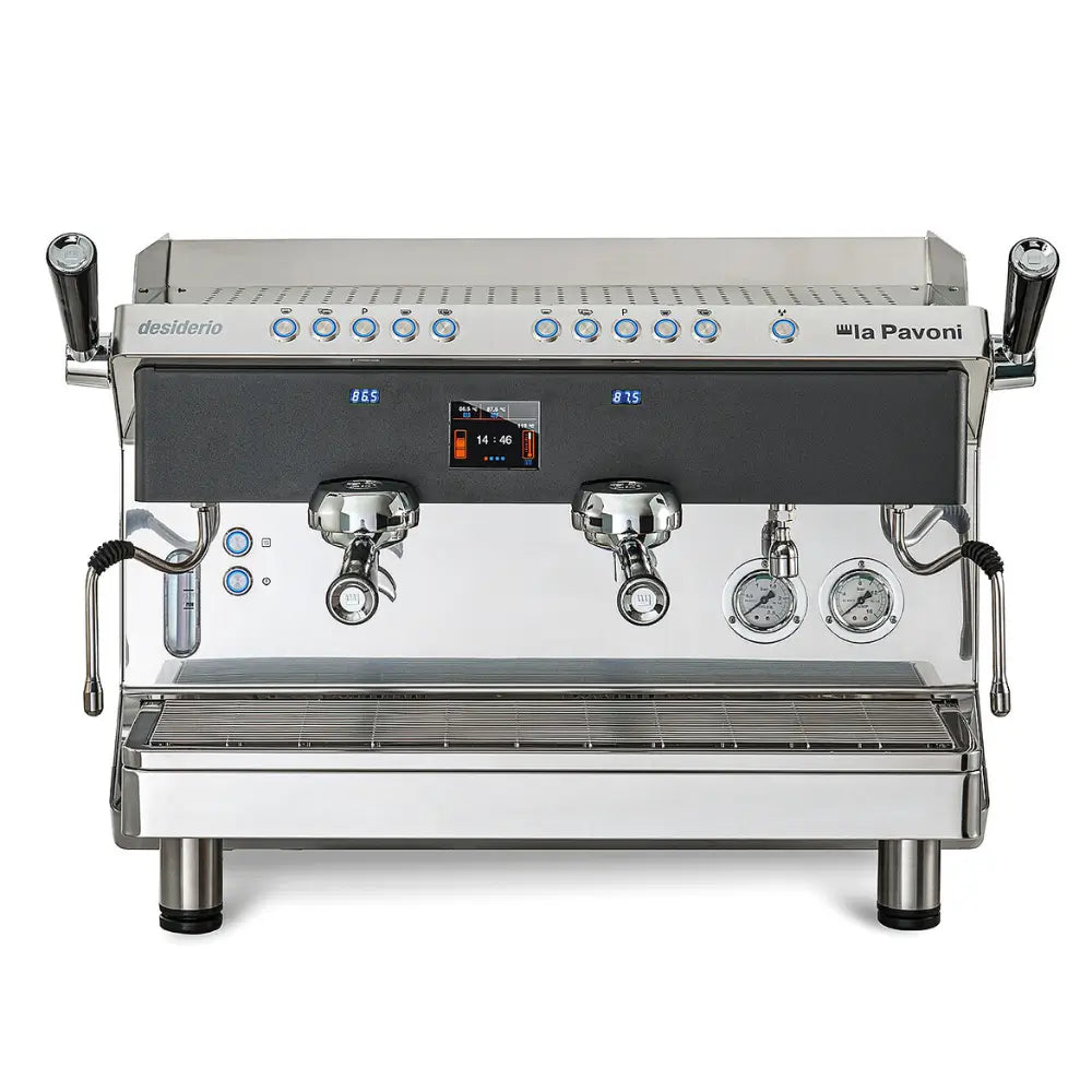 Front product shot of the La Pavoni Desiderio, showing its dual brew groups and a digital display.