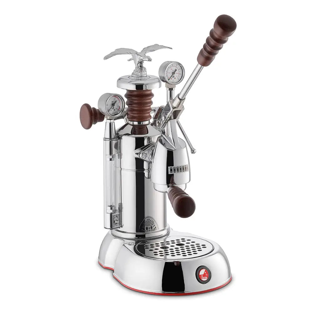 Side profile of the La Pavoni Esperto Abile lever coffee machine with the lever in the raised position.