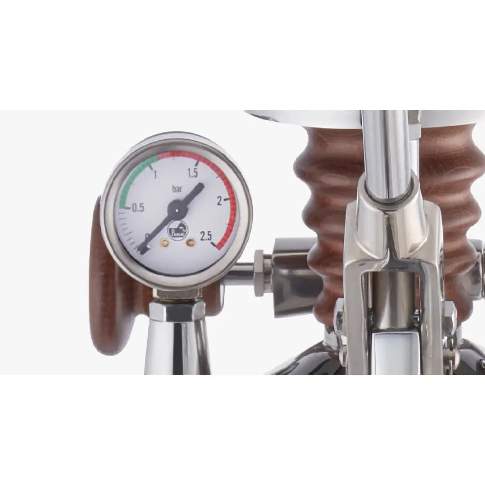 A close-up of the brew pressure gauge on the La Pavoni Esperto Abile lever espresso machine.