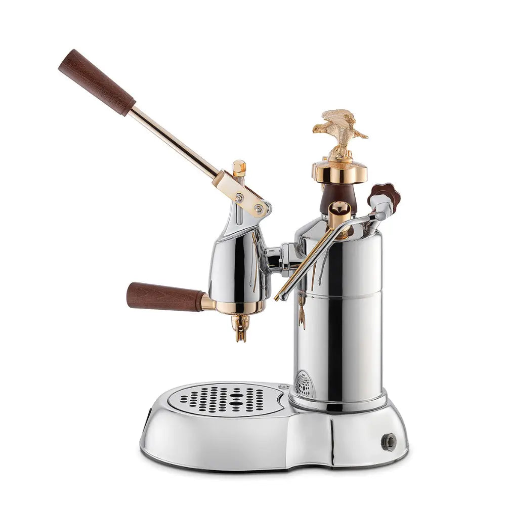 Side profile of the La Pavoni Expo lever coffee machine with the lever in the raised position.