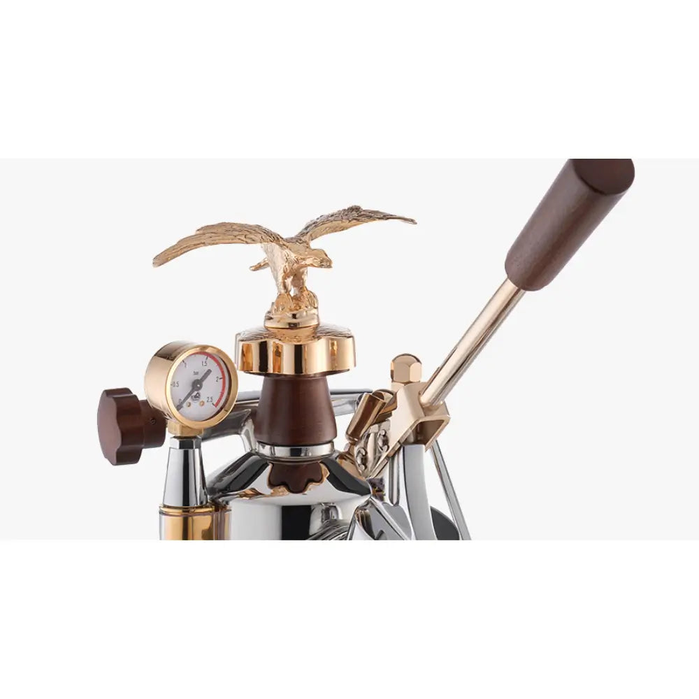 A detailed shot of the boiler pressure gauge on the La Pavoni Expo lever machine.