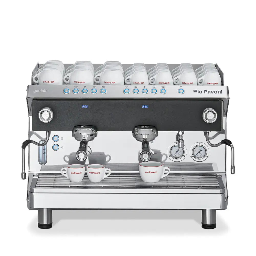 The La Pavoni Geniale 2-group espresso machine with multiple espresso cups on the cup-warming tray.
