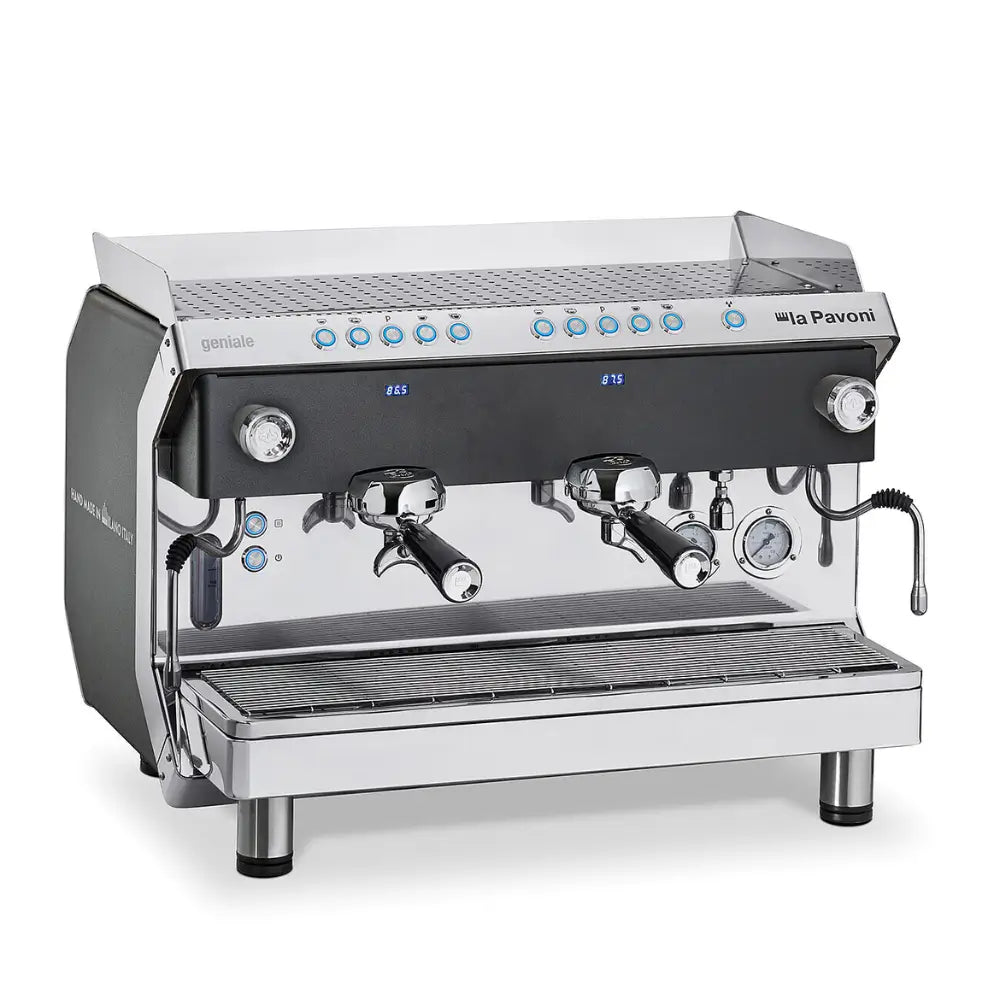 Angled view of the La Pavoni Geniale 2-group commercial espresso machine with digital displays.