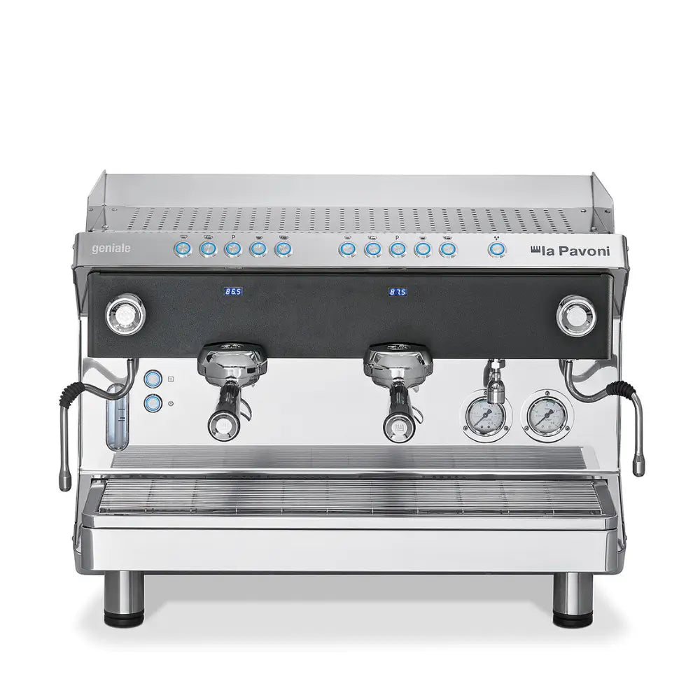 Front view of the La Pavoni Geniale 2-group commercial espresso machine with digital displays.