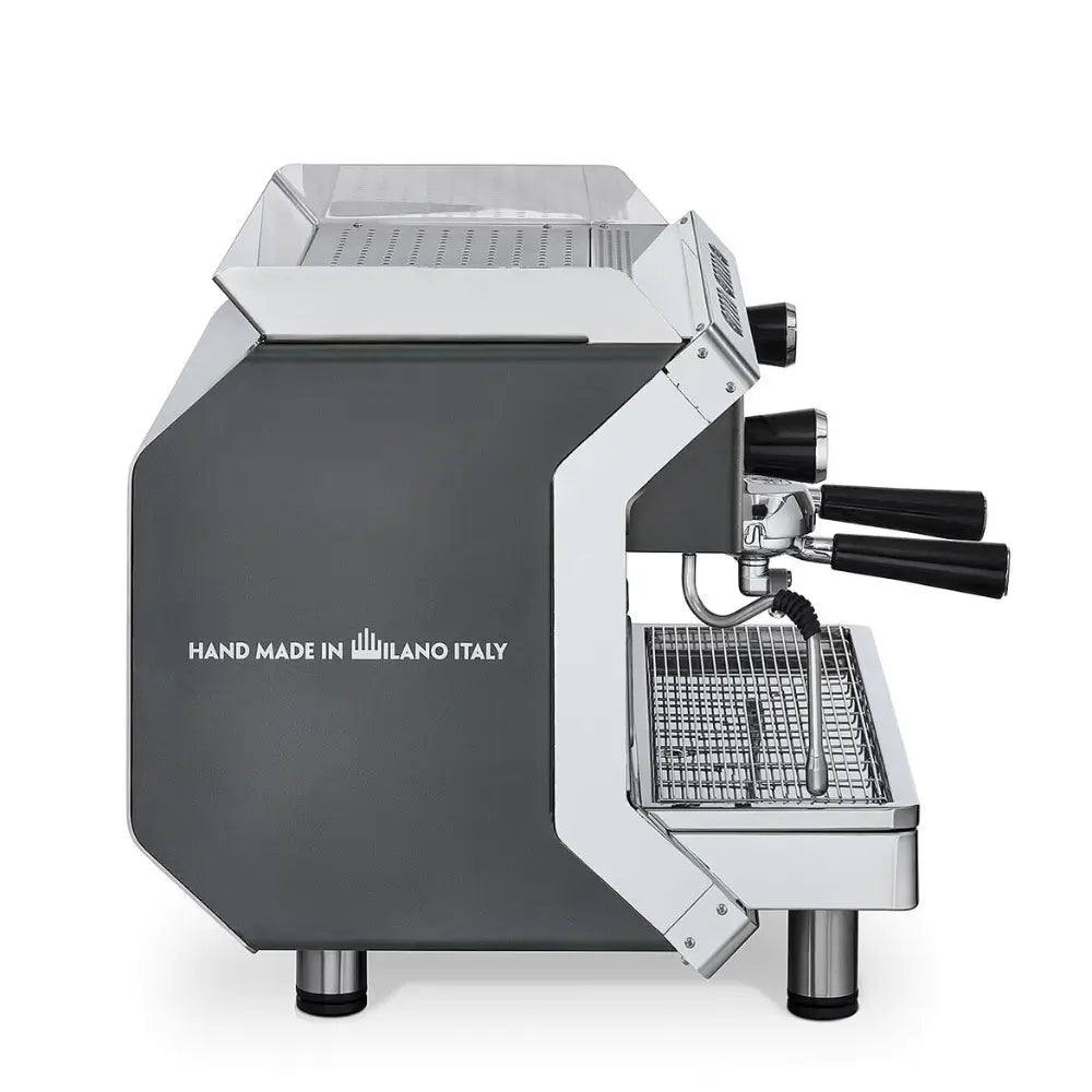 Side profile of the La Pavoni Geniale machine, highlighting the "Hand Made in Milano Italy" inscription.
