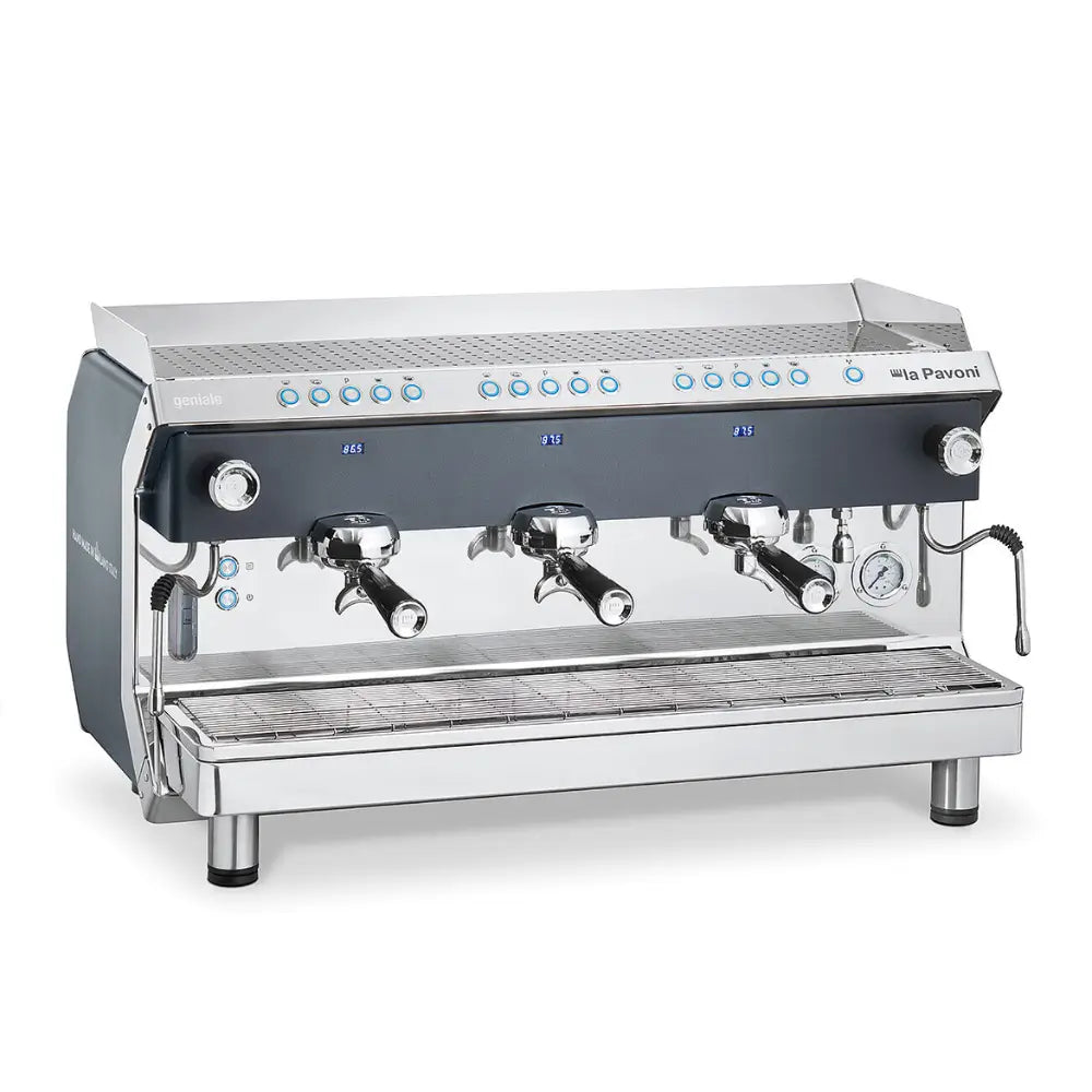 Angled view of the large La Pavoni Geniale 3-group commercial espresso machine, suitable for high-volume use.