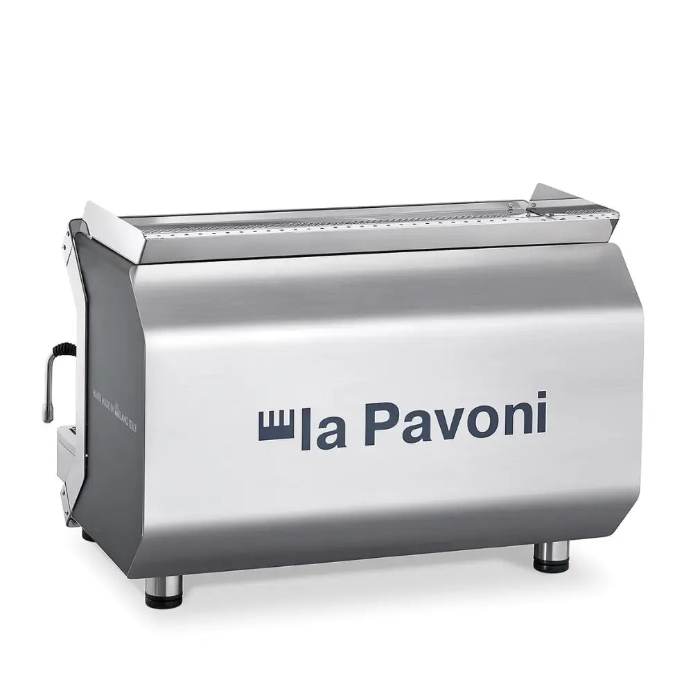 Rear view of the La Pavoni Geniale commercial espresso machine with a stainless steel panel.