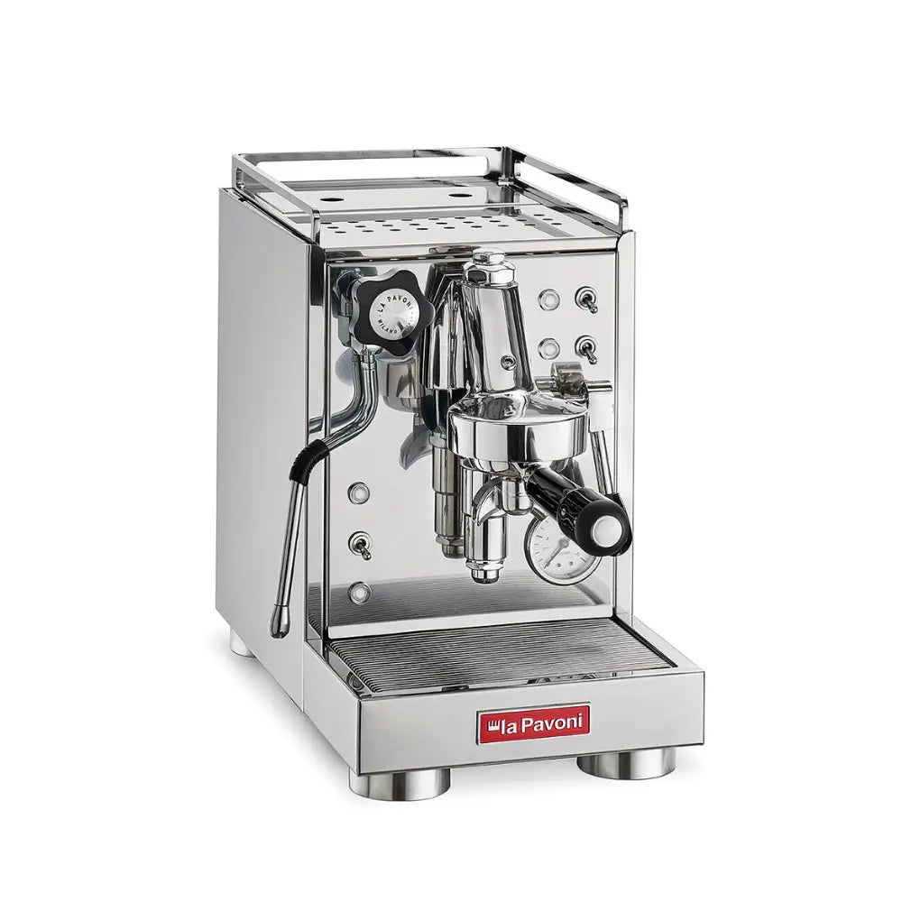 Angled view of the La Pavoni Mini Cellini compact espresso machine.