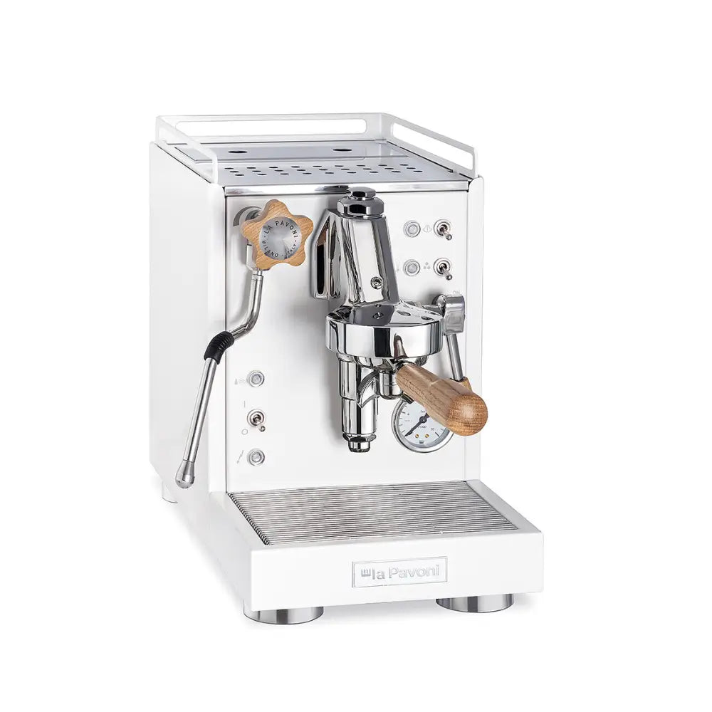 Angled view of the La Pavoni Mini Cellini compact espresso machine.