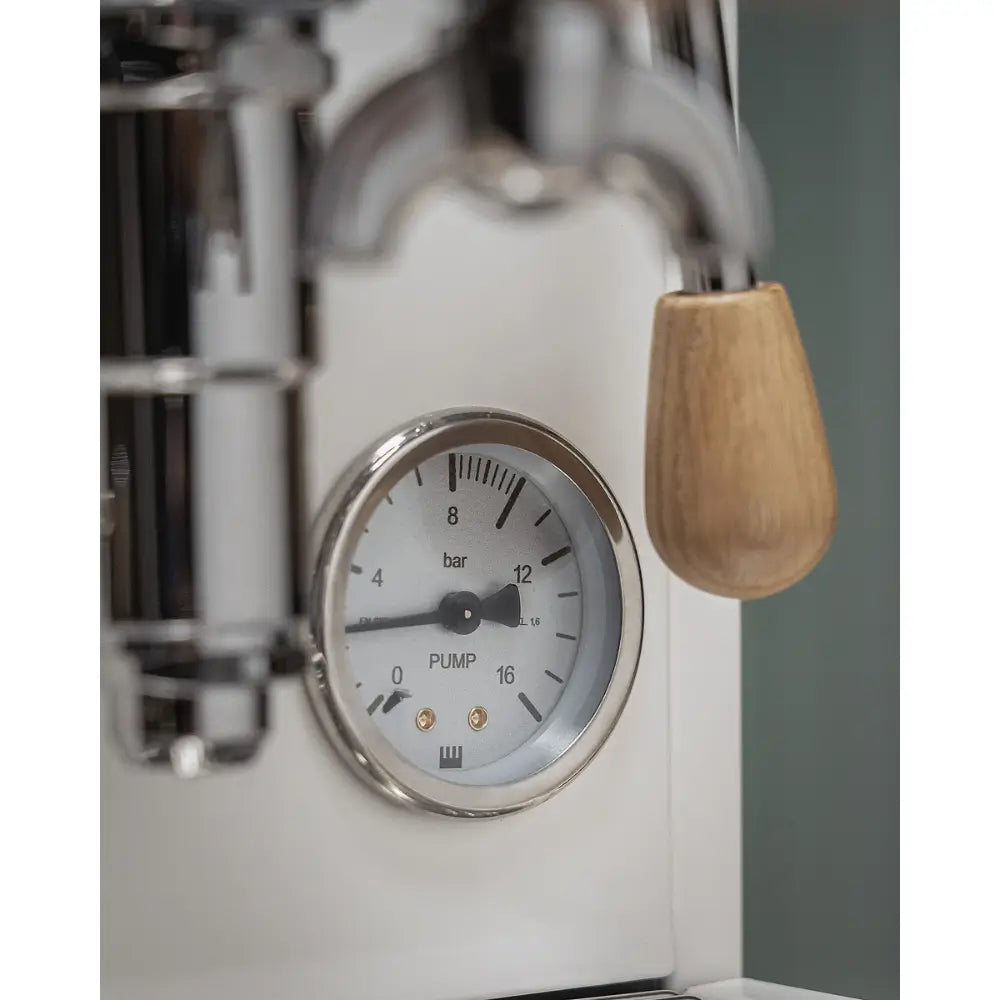Detailed shot of the pump pressure gauge on the La Pavoni Mini Cellini espresso machine.