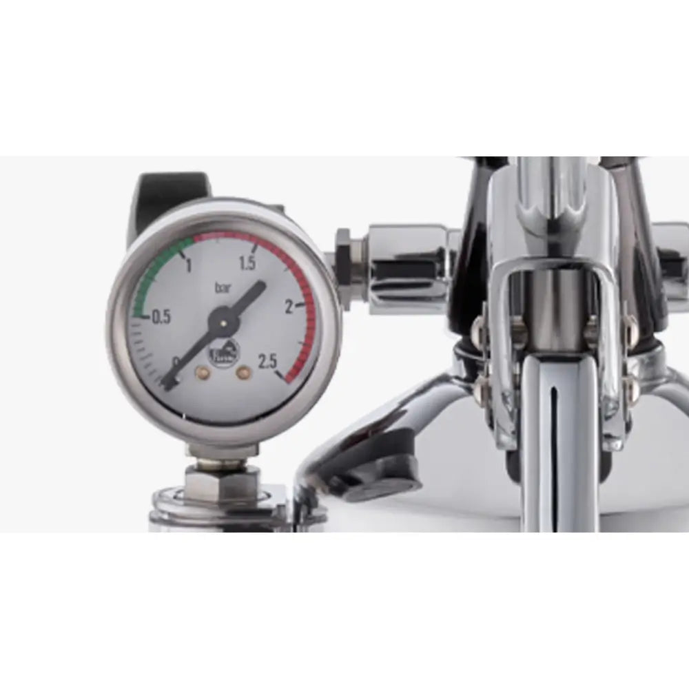 A detailed shot of the boiler pressure gauge on the La Pavoni Professional Lusso lever machine.