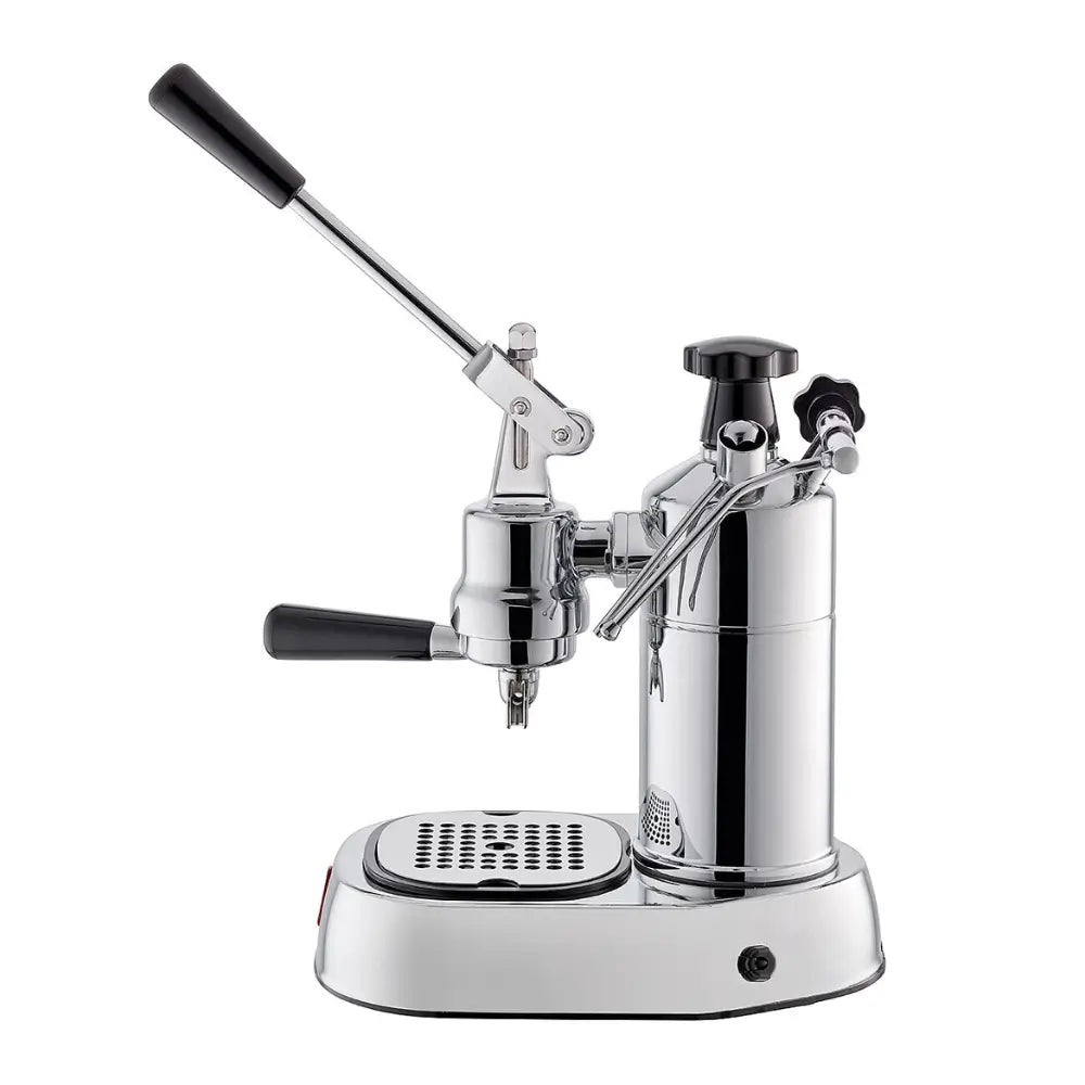 Side profile of the La Pavoni Professional Lusso machine with the lever in the raised position.