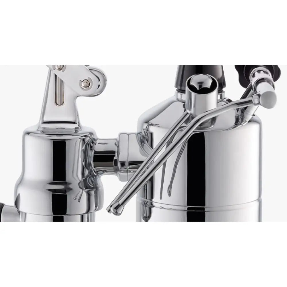 A close-up showing the chrome brew group and steam wand of the La Pavoni Professional Lusso.