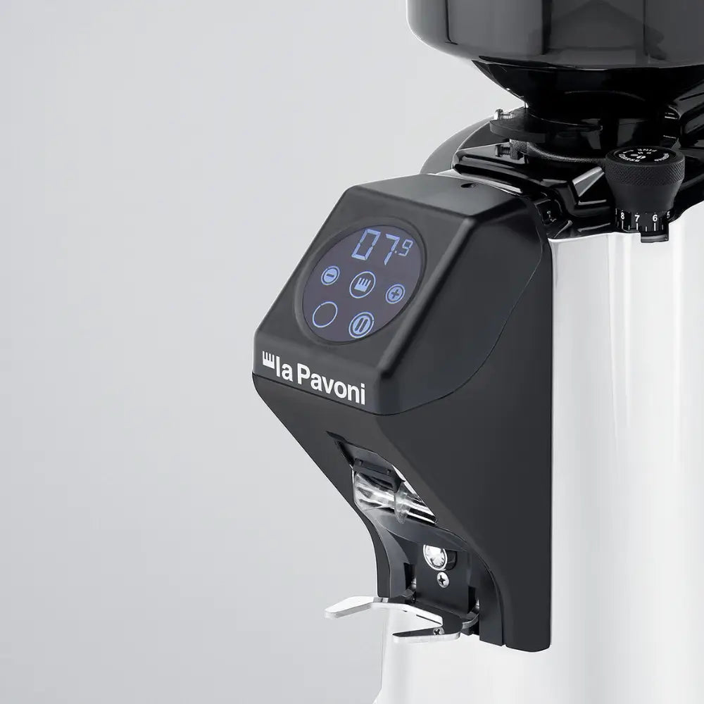 A close-up of the digital display and control panel on the La Pavoni Zip Pro coffee grinder.