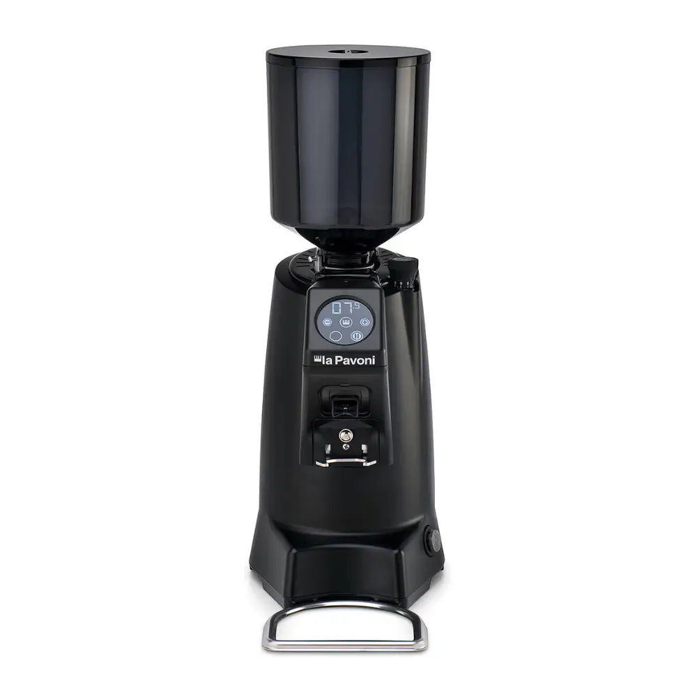Front view of the La Pavoni Zip Pro commercial grinder with a digital display and grounds tray.