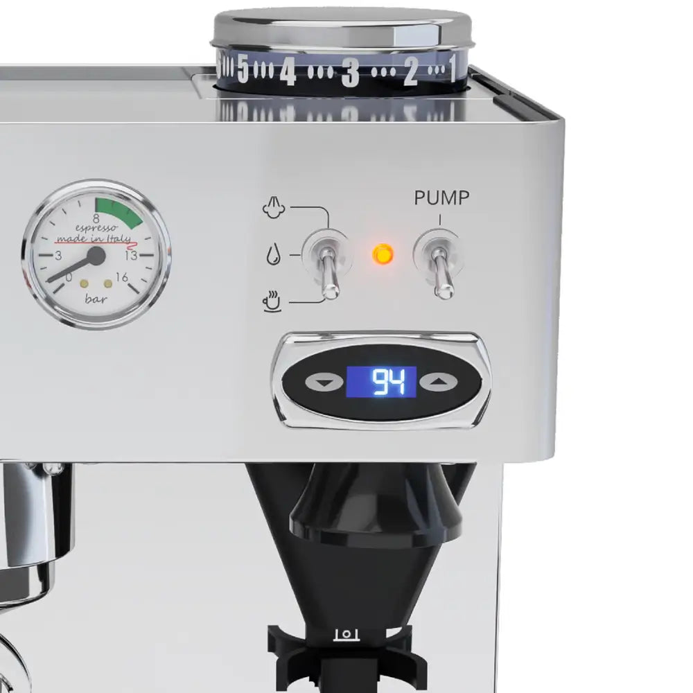 Detailed view of the PID temperature display, pressure gauge, and control switches on the Lelit Anita.