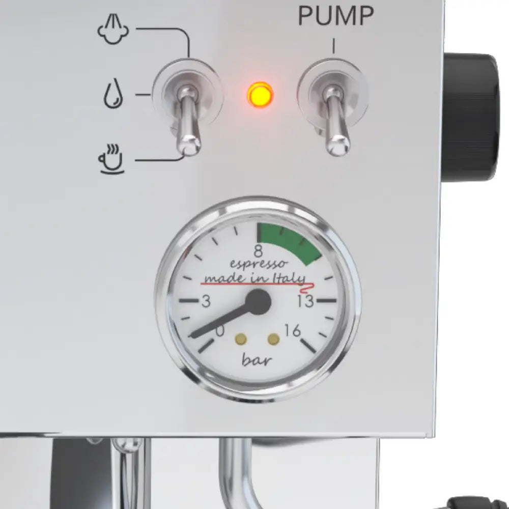 Detailed view of the pressure gauge on the Lelit Anna espresso machine.