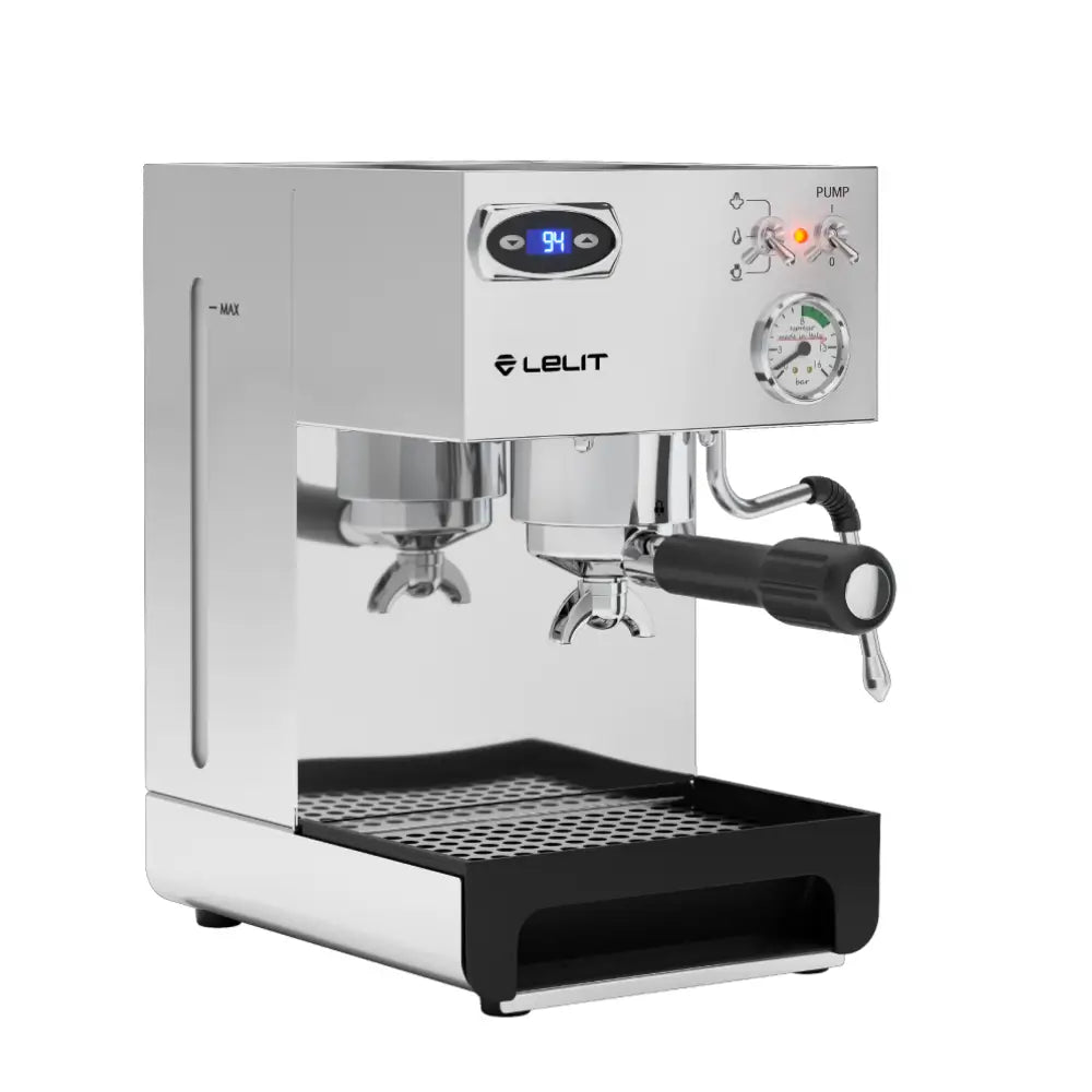 Shiny chrome Lelit Anna espresso machine, a high-quality brewer for home baristas.