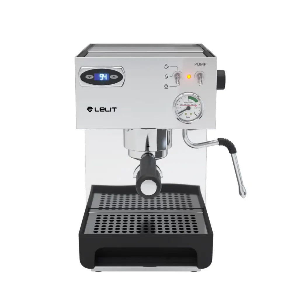 Lelit Anna espresso machine front view showing the digital PID temperature display and pressure gauge.
