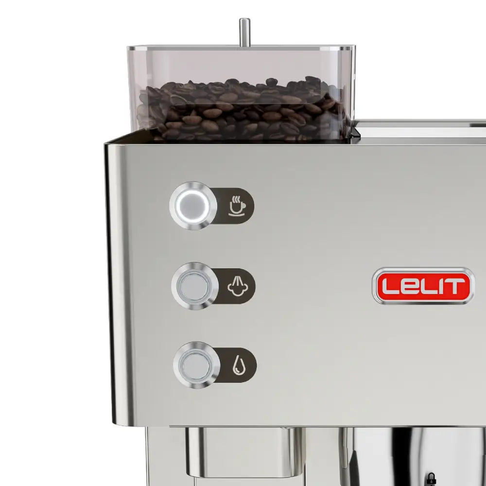 A close-up of the lit-up control panel and buttons on the Lelit Kate espresso machine.