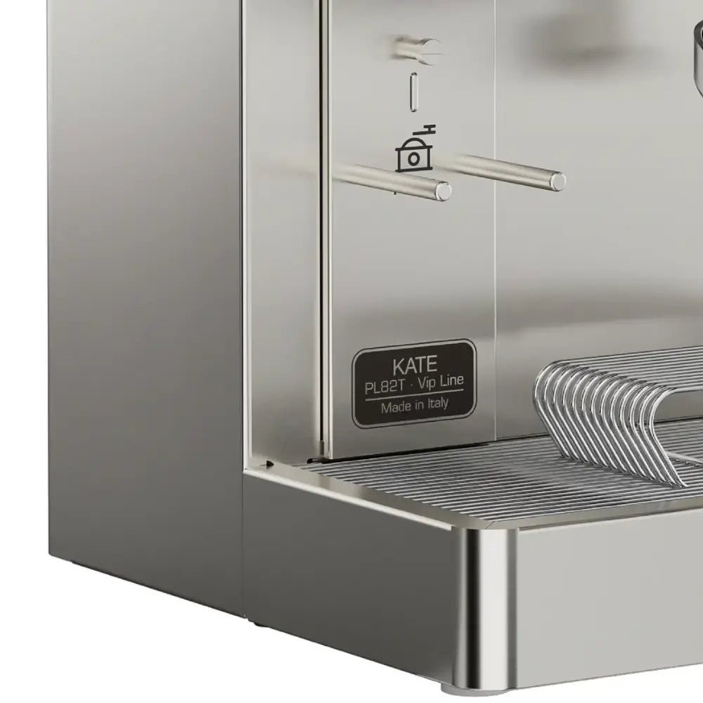 The Lelit Kate PL82T VIP Line and "Made in Italy" plaque on the machine.