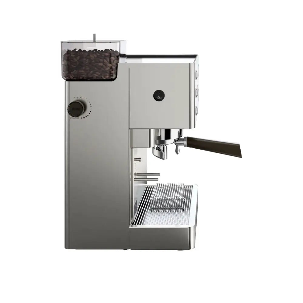 Side view of the Lelit Kate espresso machine, showing its brushed stainless steel body.