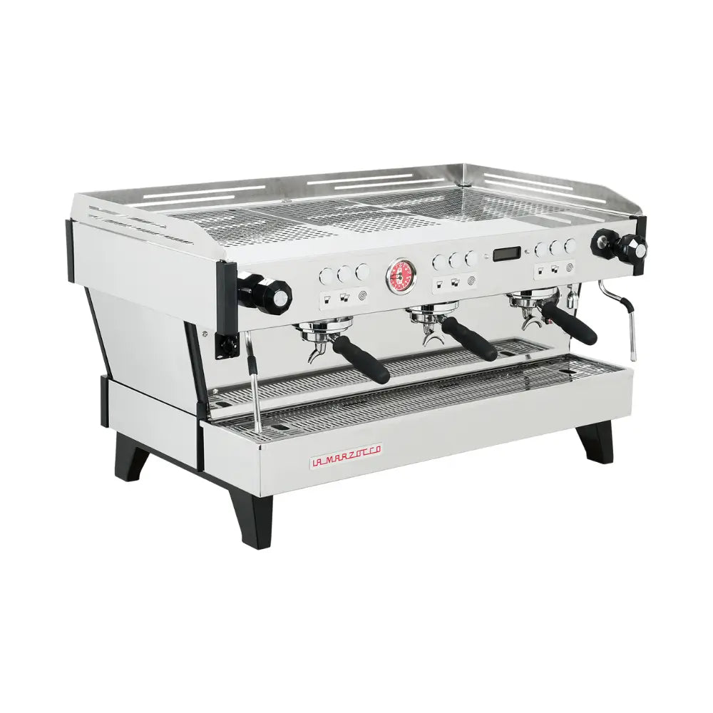 La Marzocco Linea PB commercial espresso machine, 3-group stainless steel, angled view.