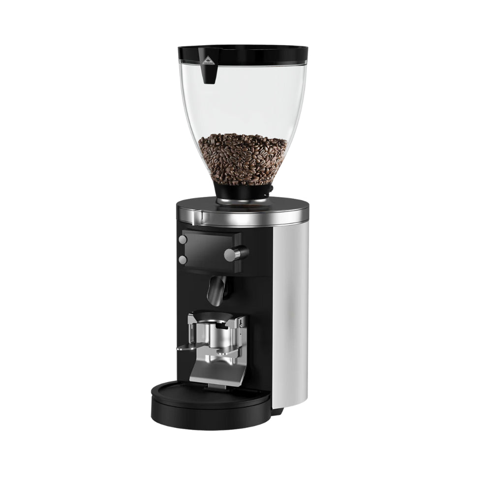 Mahlkönig E80S GBW coffee grinder in black and white finish with bean hopper, angled view.