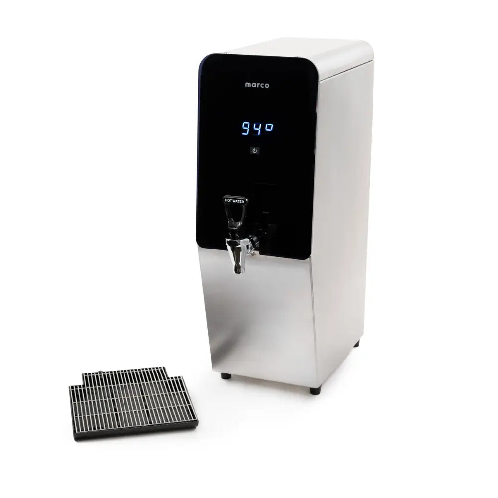 The Marco MT8 Countertop Hot Water Boiler displayed with its stainless steel body, digital display, and removable drip tray placed in front.