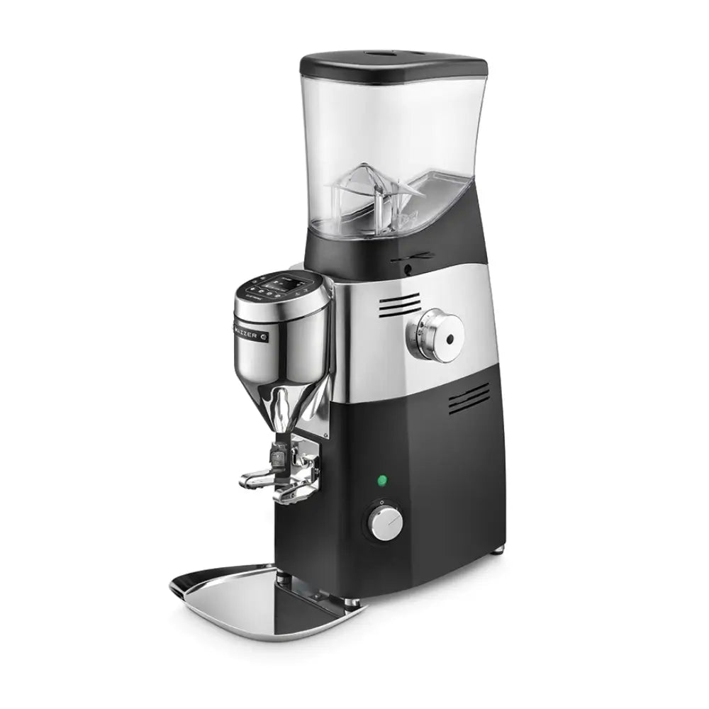 Front angled view of the black and silver Mazzer Kold S Electronic espresso grinder featuring a digital display and large hopper.