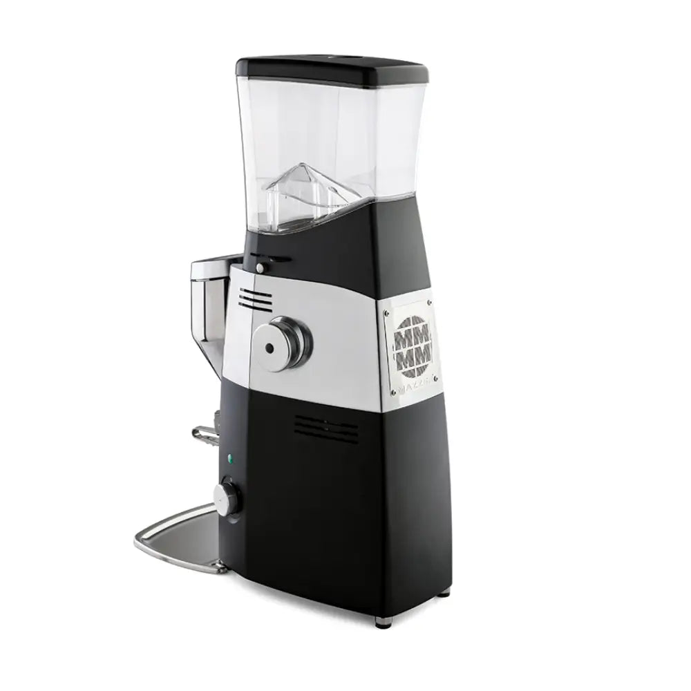 Rear view of the Mazzer Kold S grinder showing the belt-driven cooling system ventilation grid and Mazzer logo.