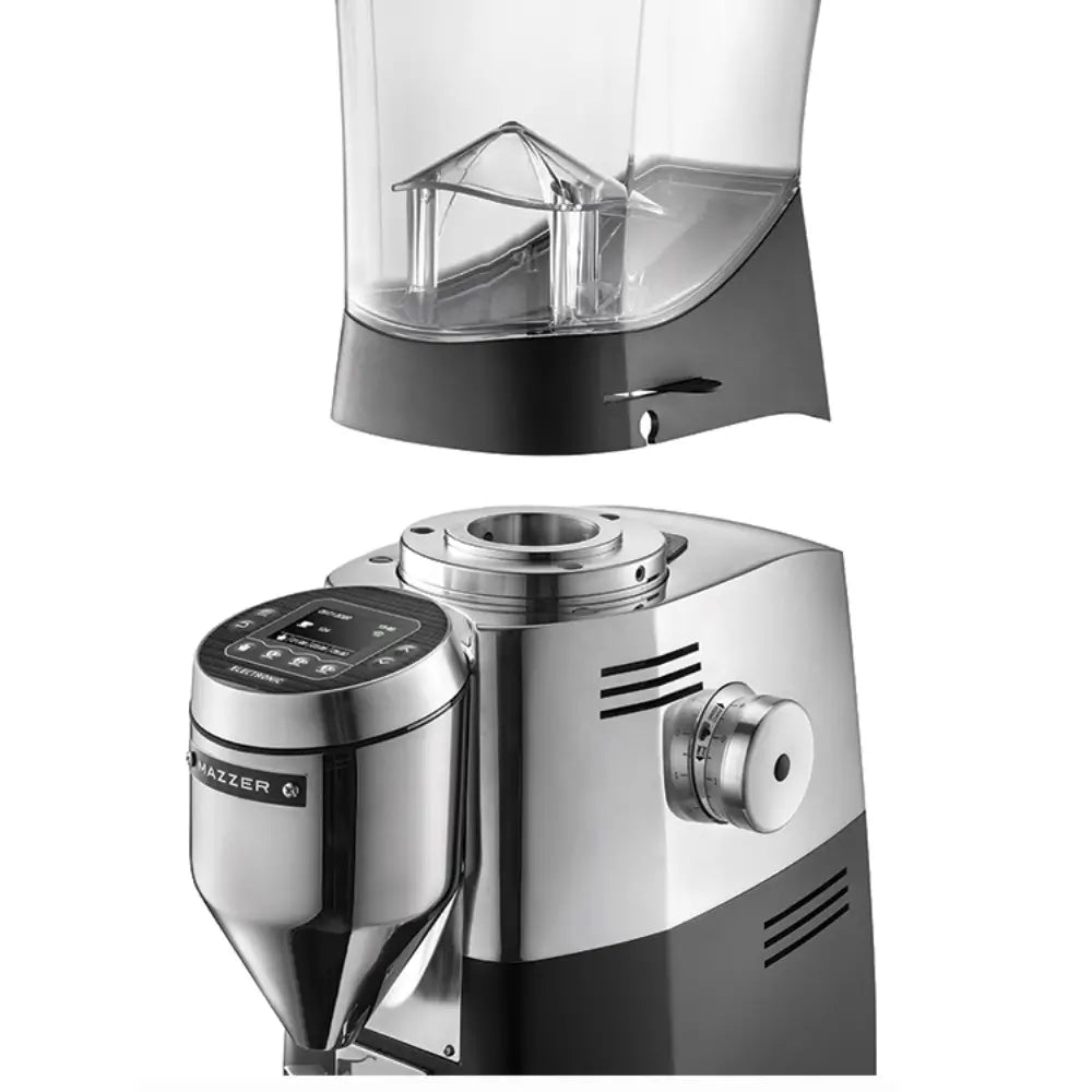 Detailed view of the Mazzer Kold S Electronic grinder showing the removable bean hopper hovering above the adjustment collar and digital interface.