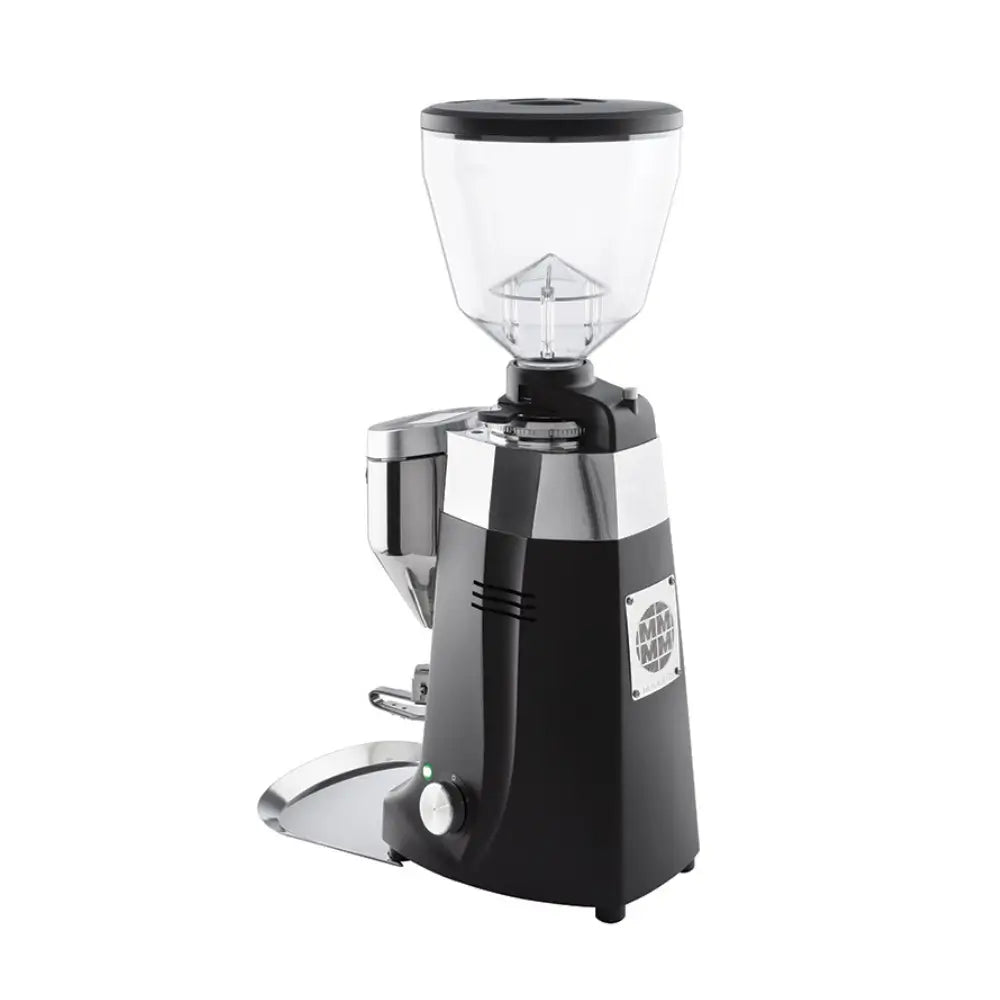Rear angled view of the black Mazzer Kony S Electronic showing the ventilation slots and robust metal casing.